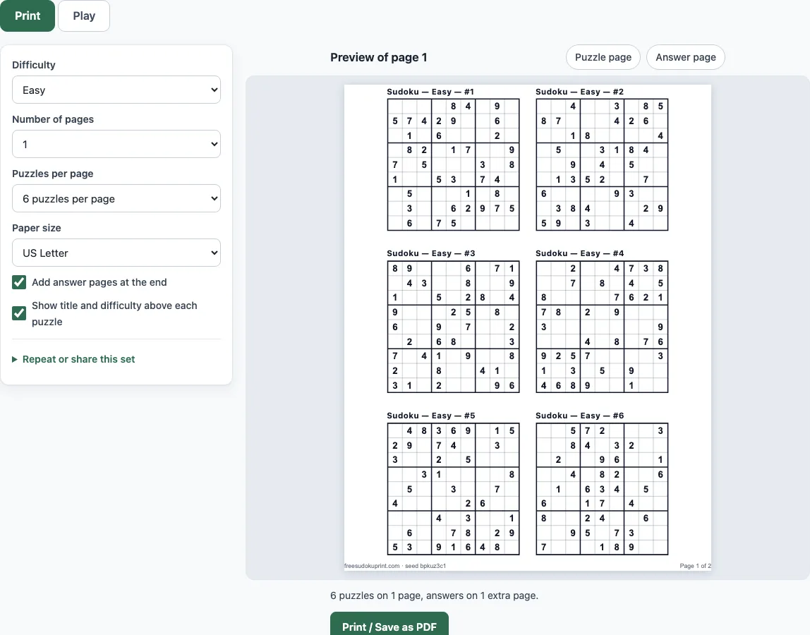 Free sudoku 6 per page printable example