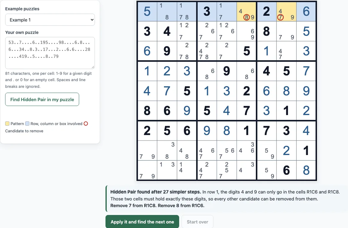 Sudoku hidden pair example