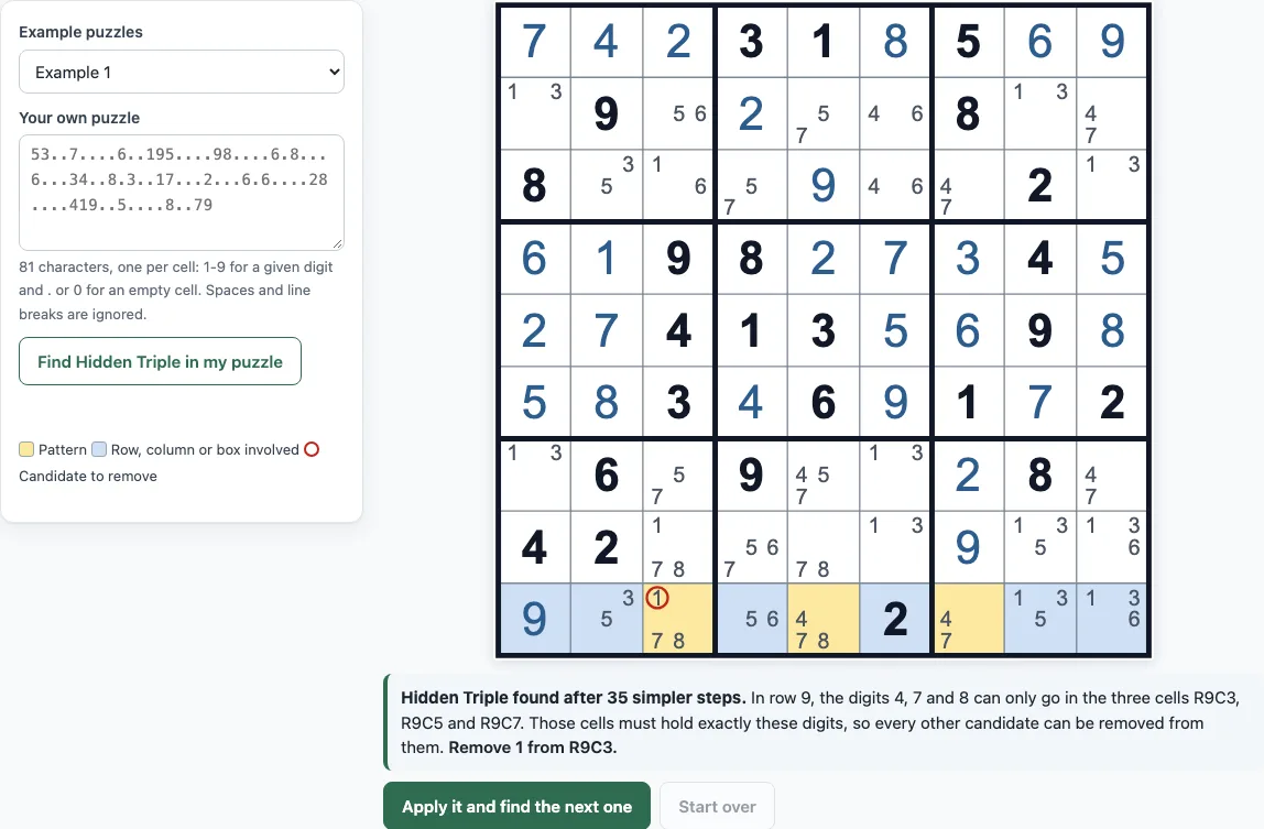 Sudoku hidden triples example