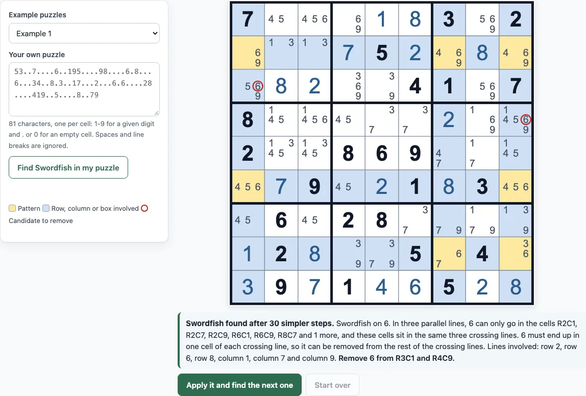Sudoku swordfish example